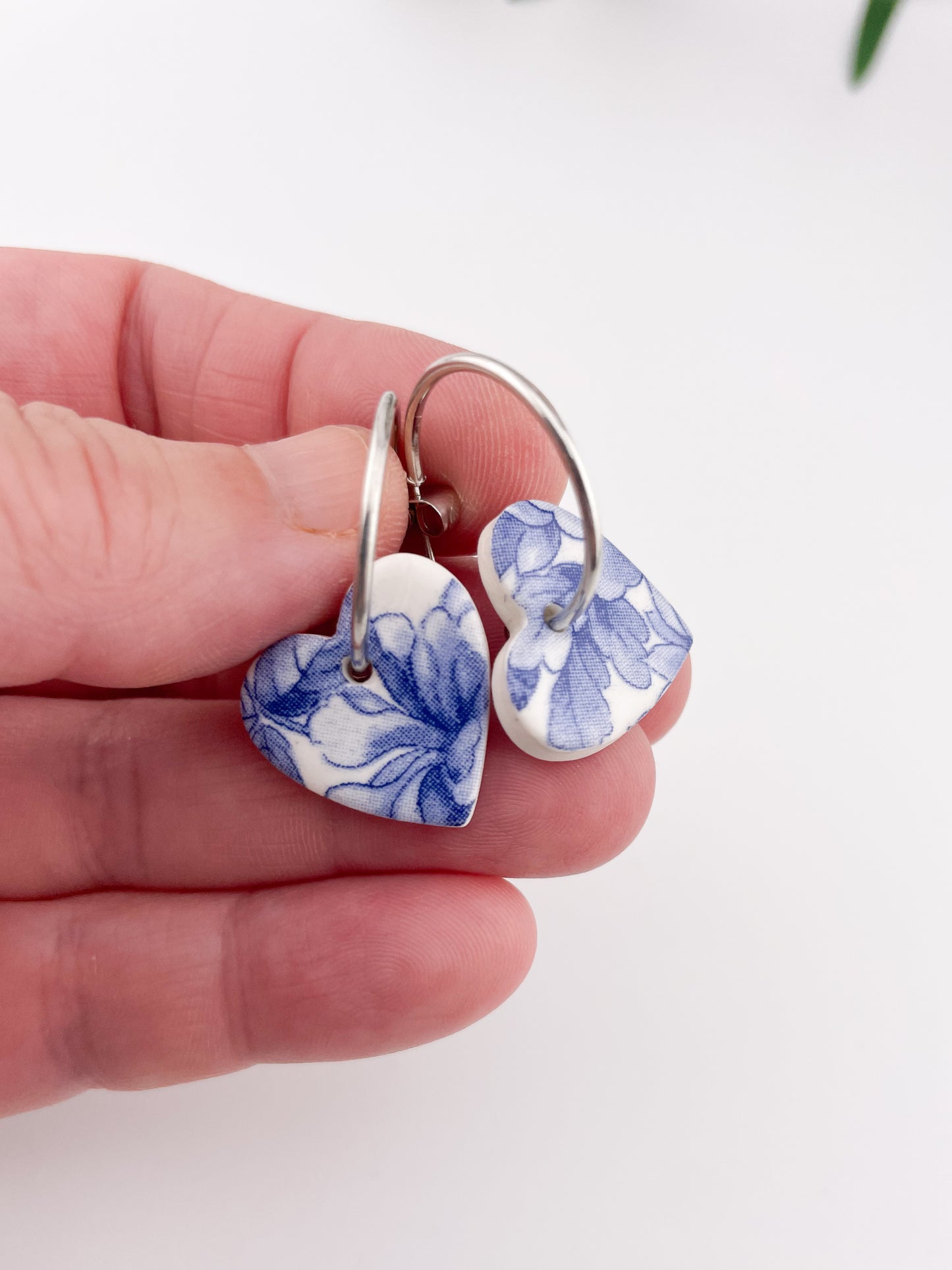 Large Blue China heart on silver plated hoops