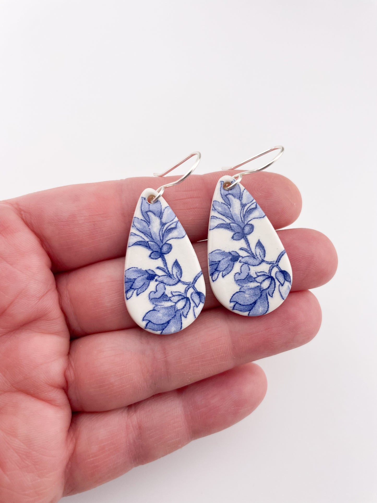 Blue China Teardrop Dangle earrings on silver wire