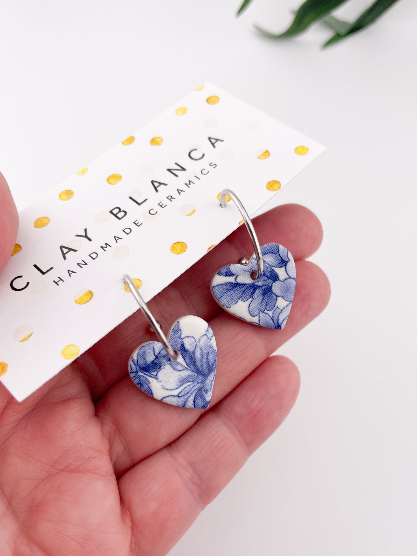 Large Blue China heart on silver plated hoops
