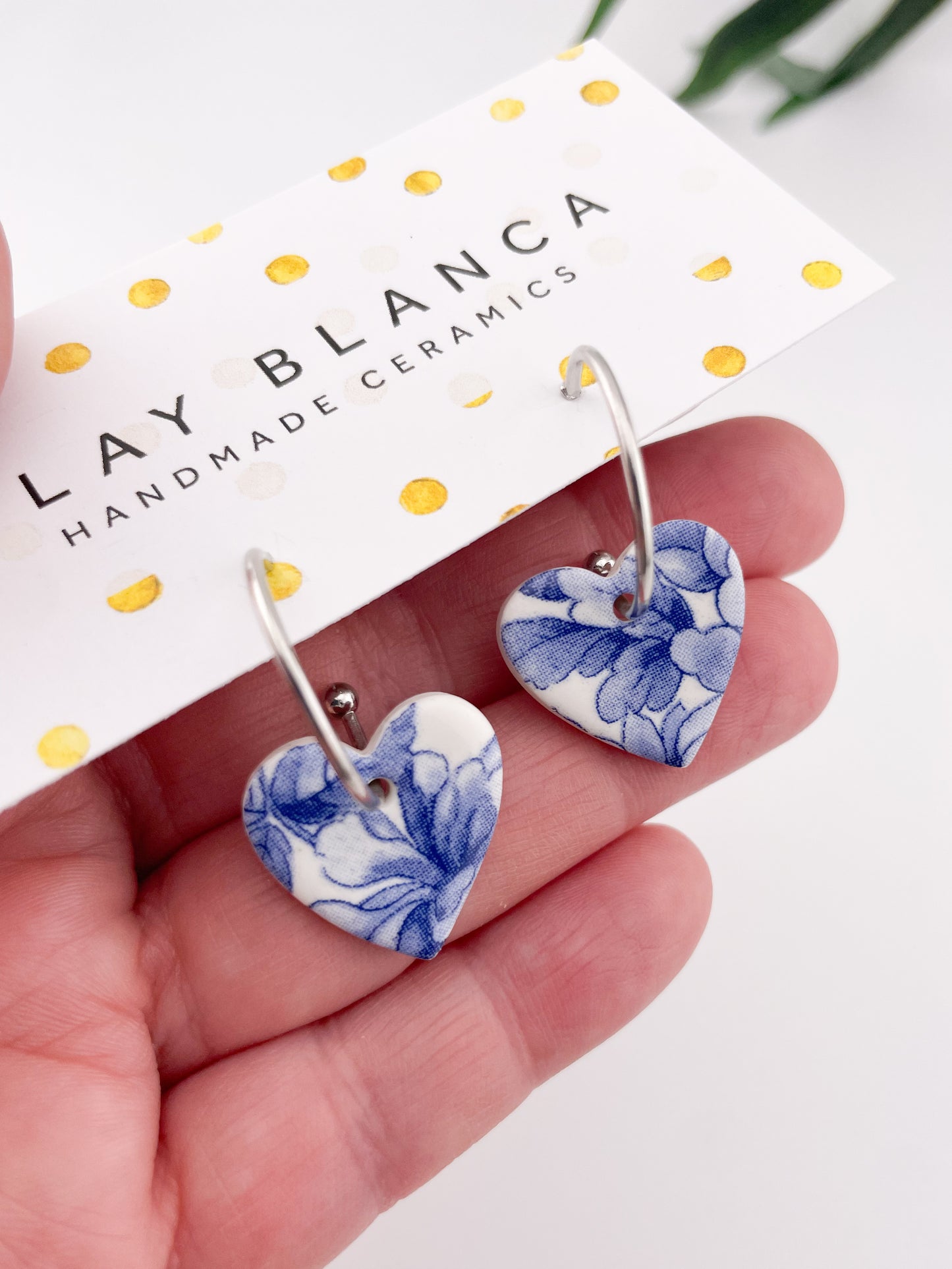 Large Blue China heart on silver plated hoops