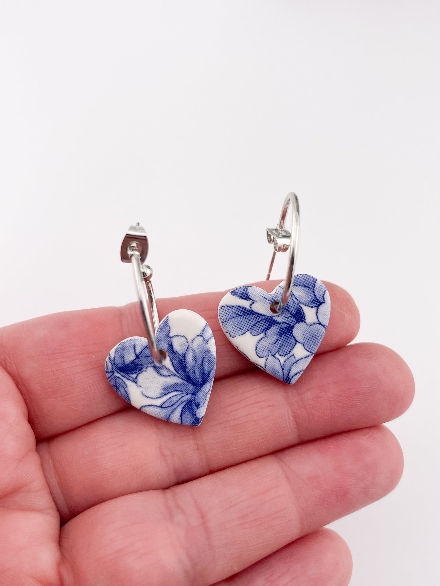 Large Blue China heart on silver plated hoops