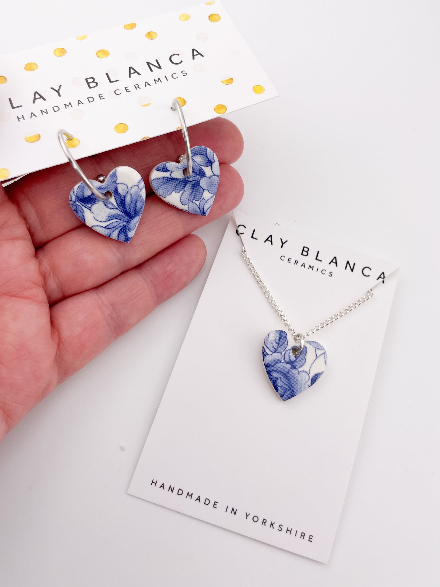 Large Blue China heart on silver plated hoops