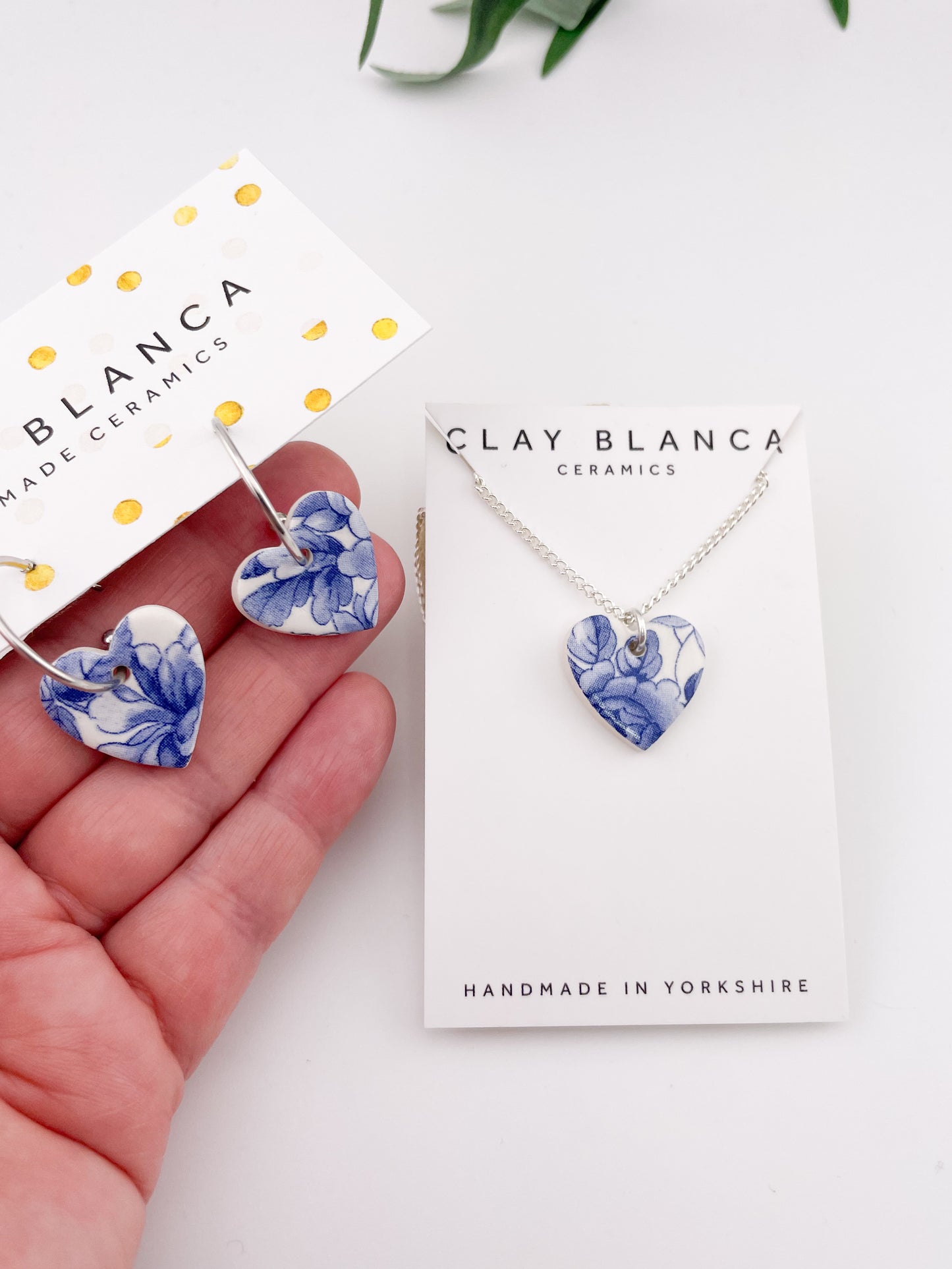 Large Blue China heart on silver plated hoops