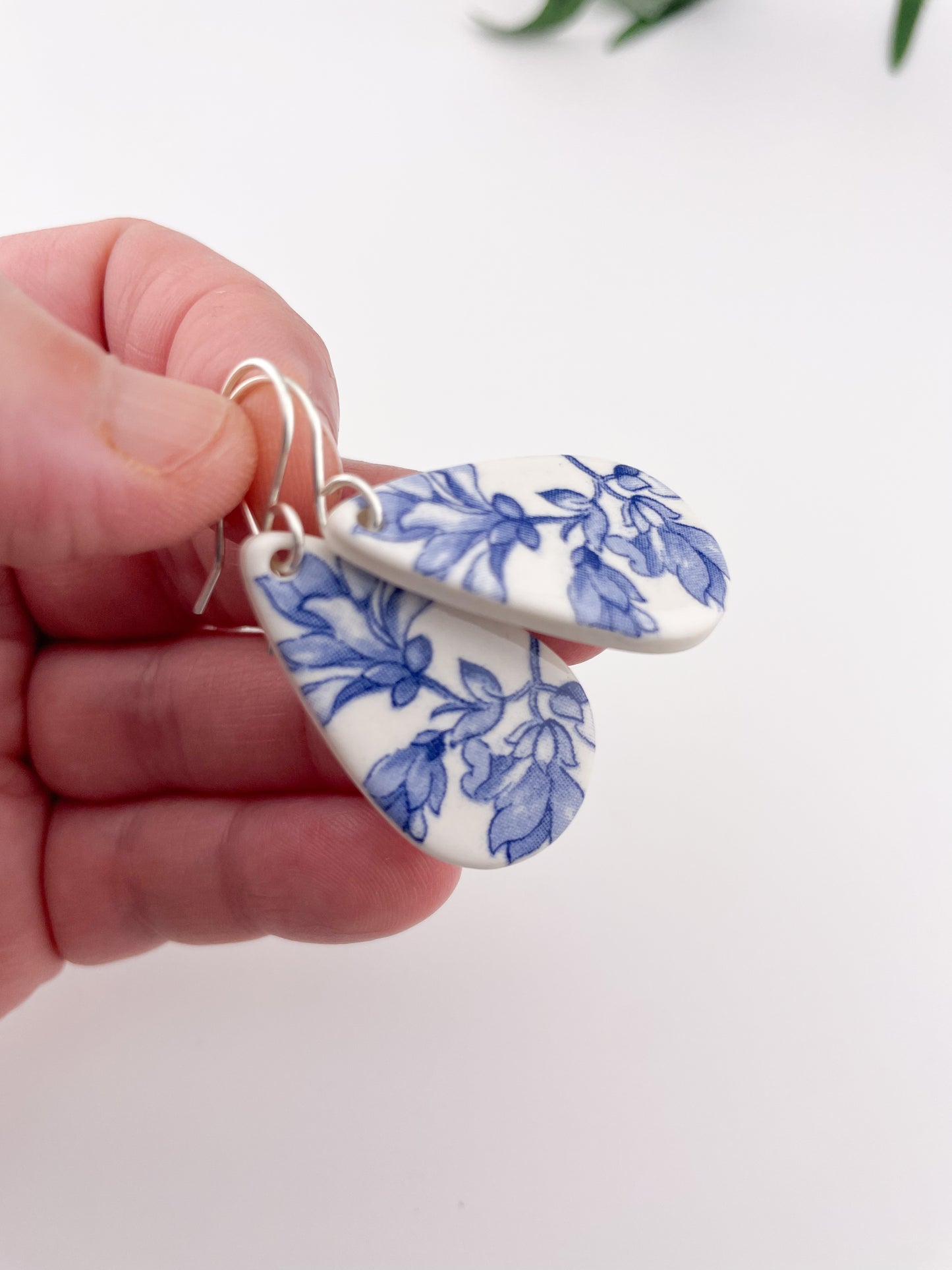 Blue China Teardrop Dangle earrings on silver wire