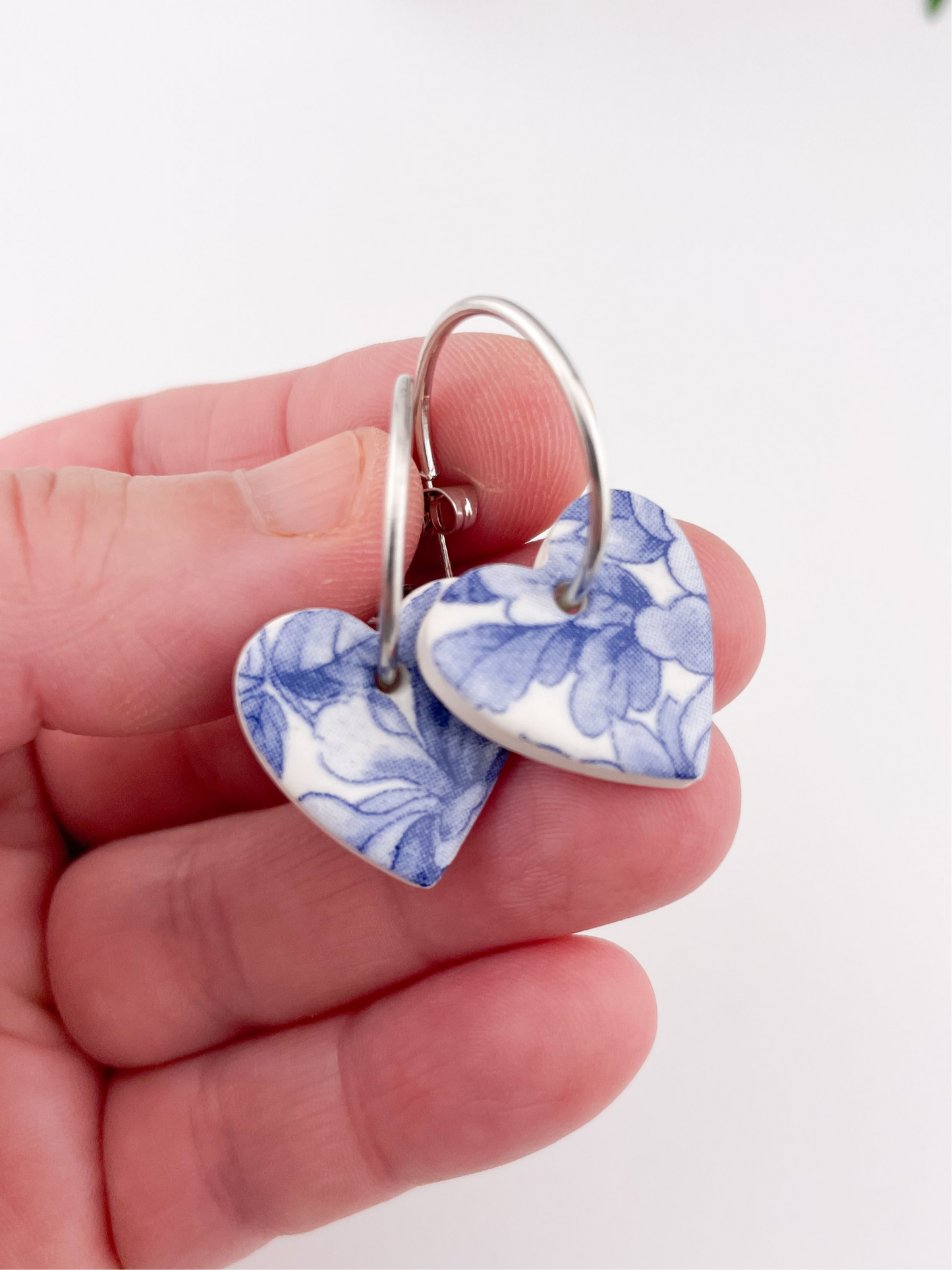 Large Blue China heart on silver plated hoops