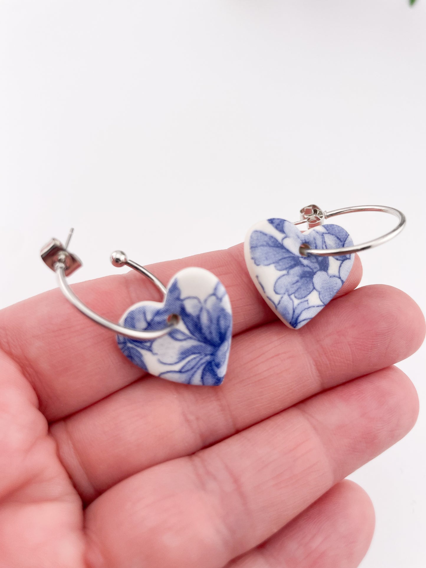 Large Blue China heart on silver plated hoops