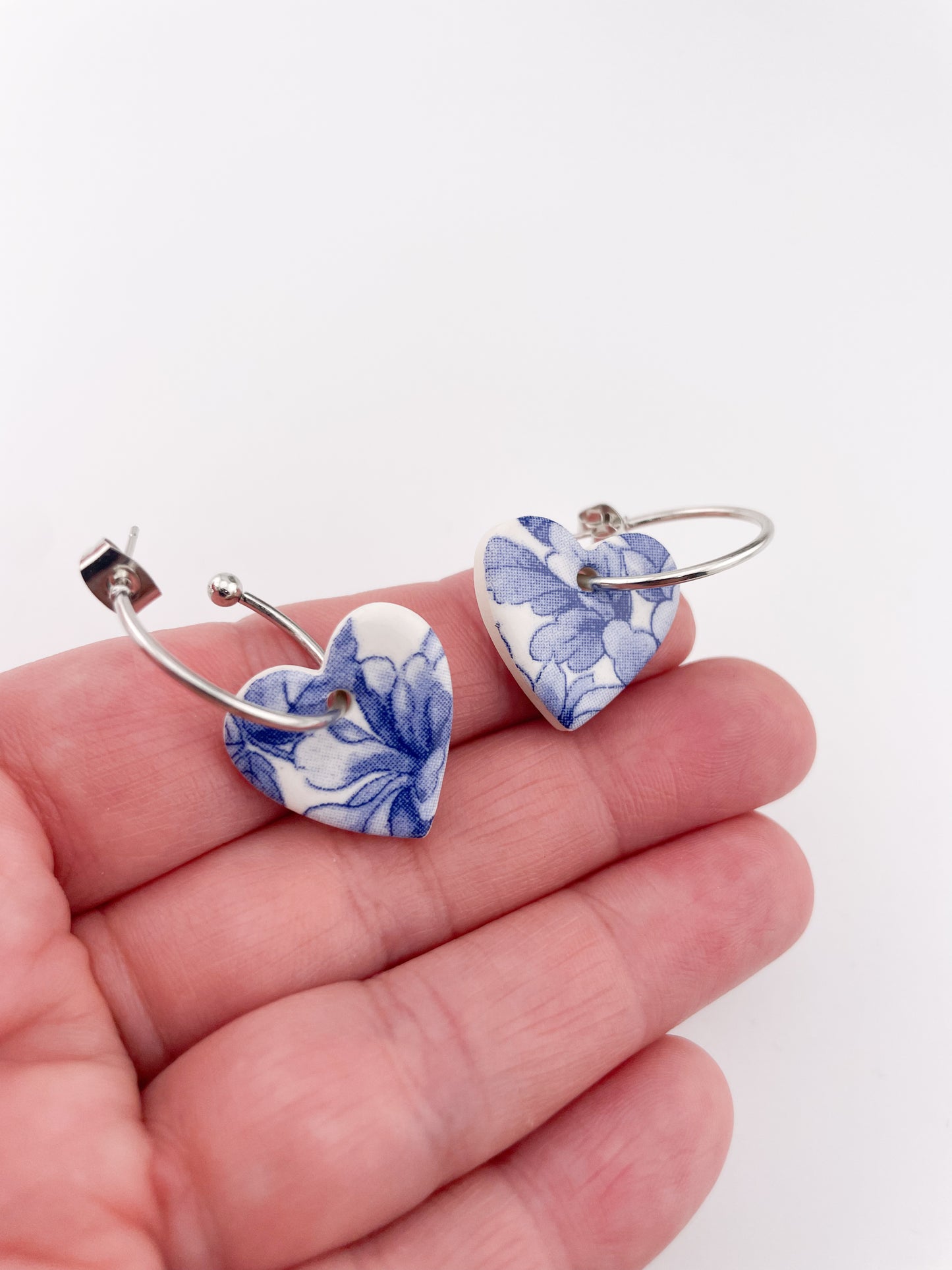 Large Blue China heart on silver plated hoops