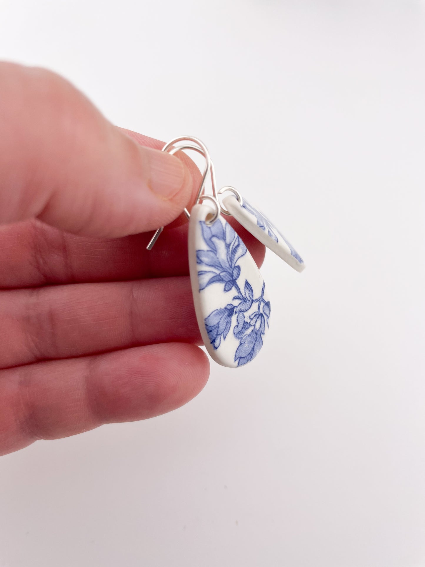 Blue China Teardrop Dangle earrings on silver wire