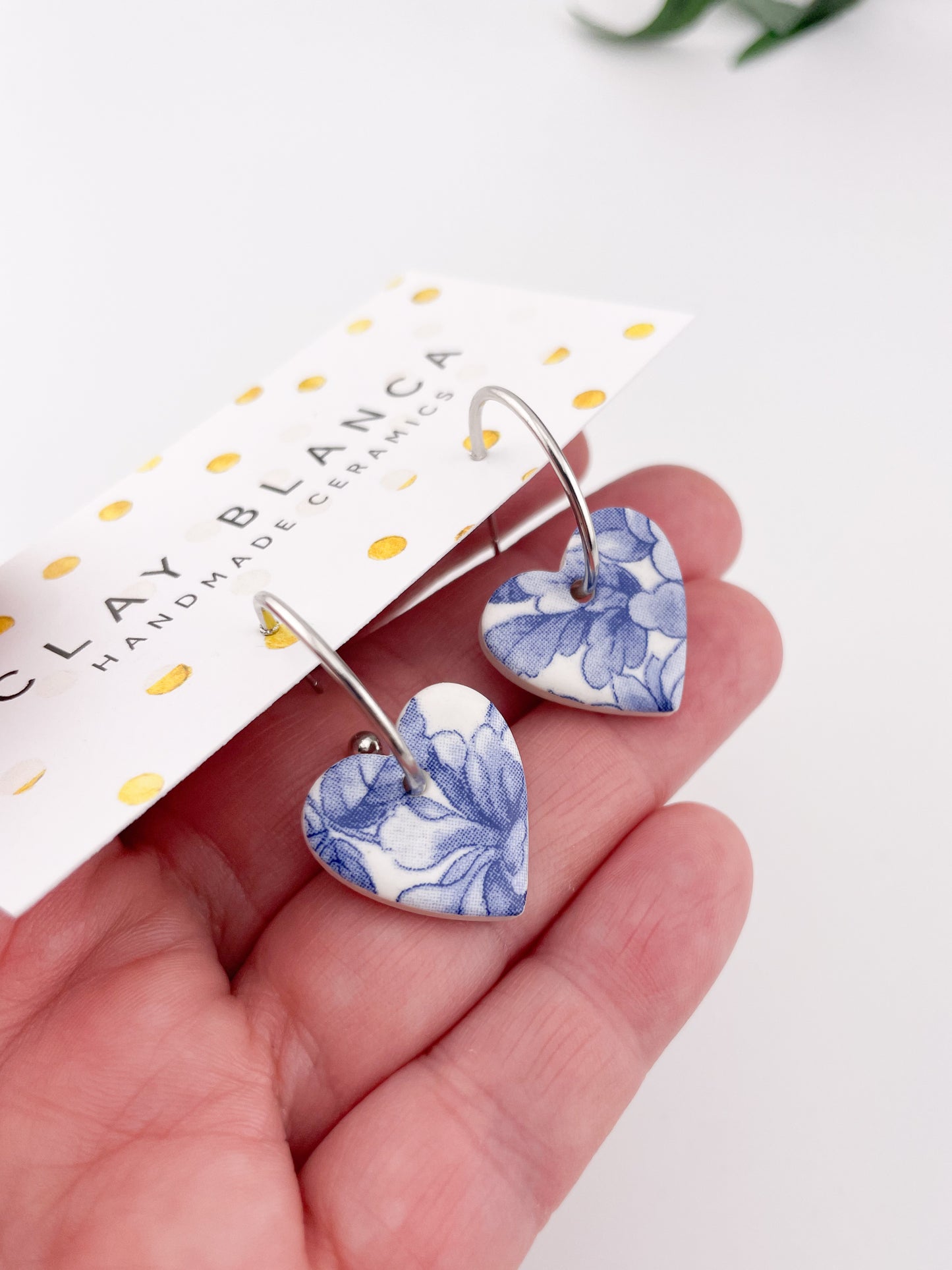 Large Blue China heart on silver plated hoops