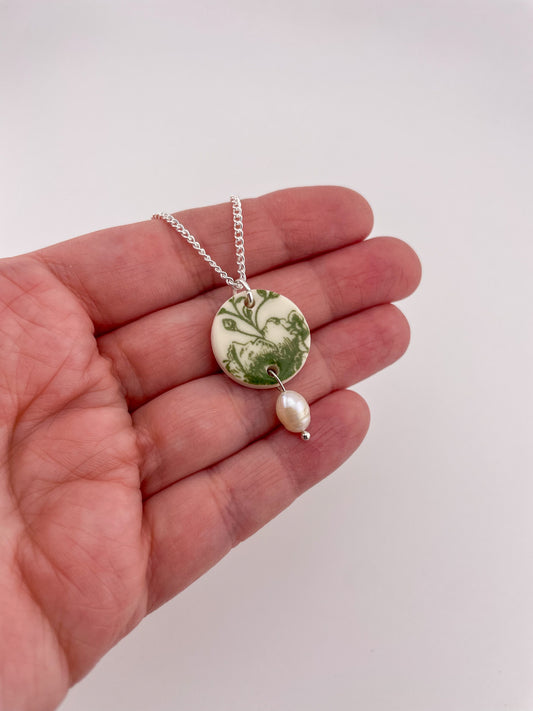 Green China Large Round Pendant necklace with pearl drop (Options)