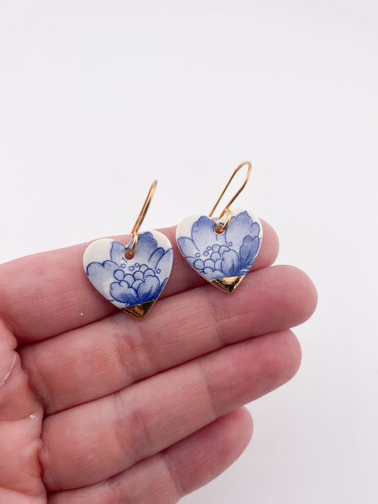 Blue China Medium Heart Dangles (middle) with gold tips