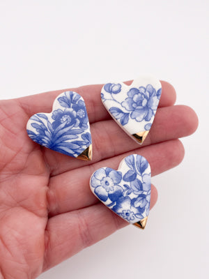 Hand-Made Delft Blue Heart Brooch, Floral Ceramic Jewellery, Gold Tip Accent