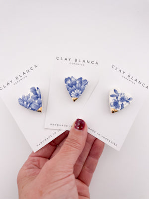 Hand-Made Delft Blue Heart Brooch, Floral Ceramic Jewellery, Gold Tip Accent