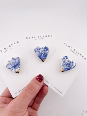 Hand-Made Delft Blue Heart Brooch, Floral Ceramic Jewellery, Gold Tip Accent