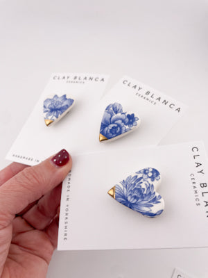 Hand-Made Delft Blue Heart Brooch, Floral Ceramic Jewellery, Gold Tip Accent