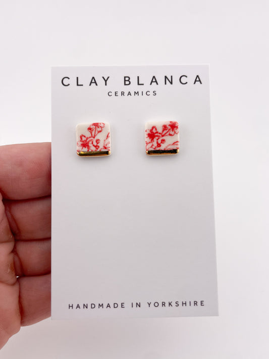 Candy Red China Small Square Studs with gold tips