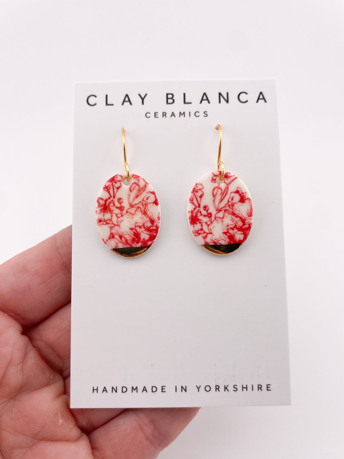 Candy Red China Oval Dangle earrings with gold tips