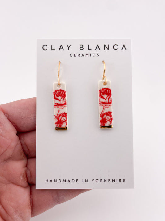 Candy Red China Slim Rectangle Dangle earrings with gold tips