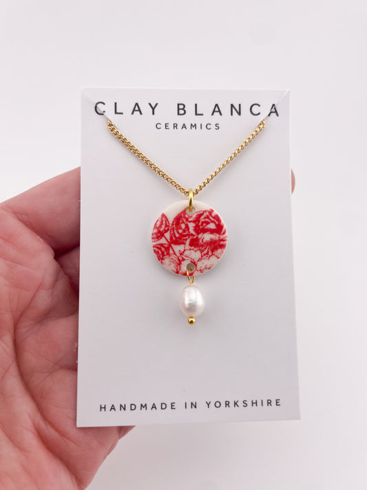 Candy Red China Large Round Pendant necklace with pearl drop (Options)