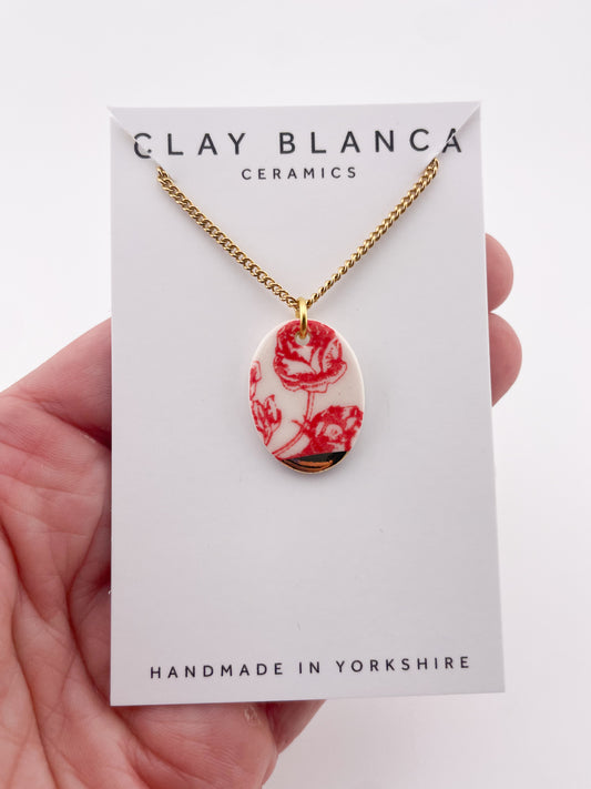 Candy Red China Oval Pendant necklace with gold tip