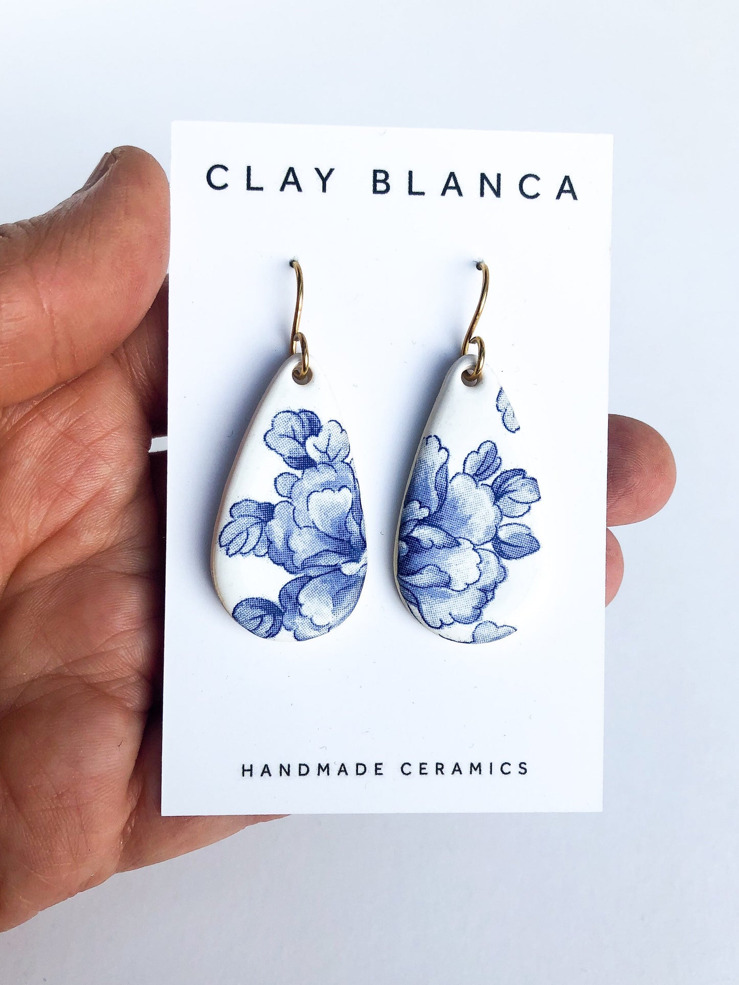 Large Blue China teardrop dangles on gold wire
