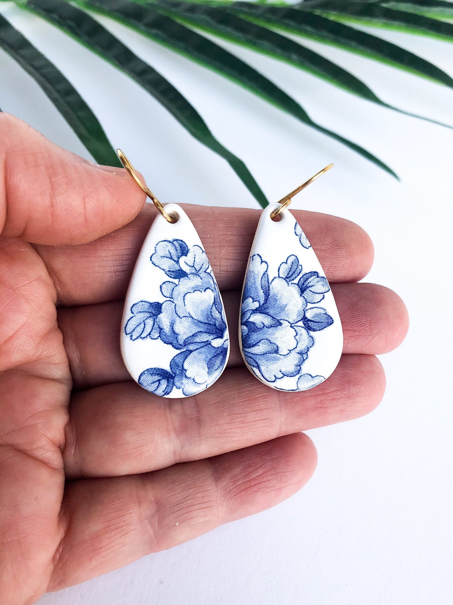 Large Blue China teardrop dangles on gold wire