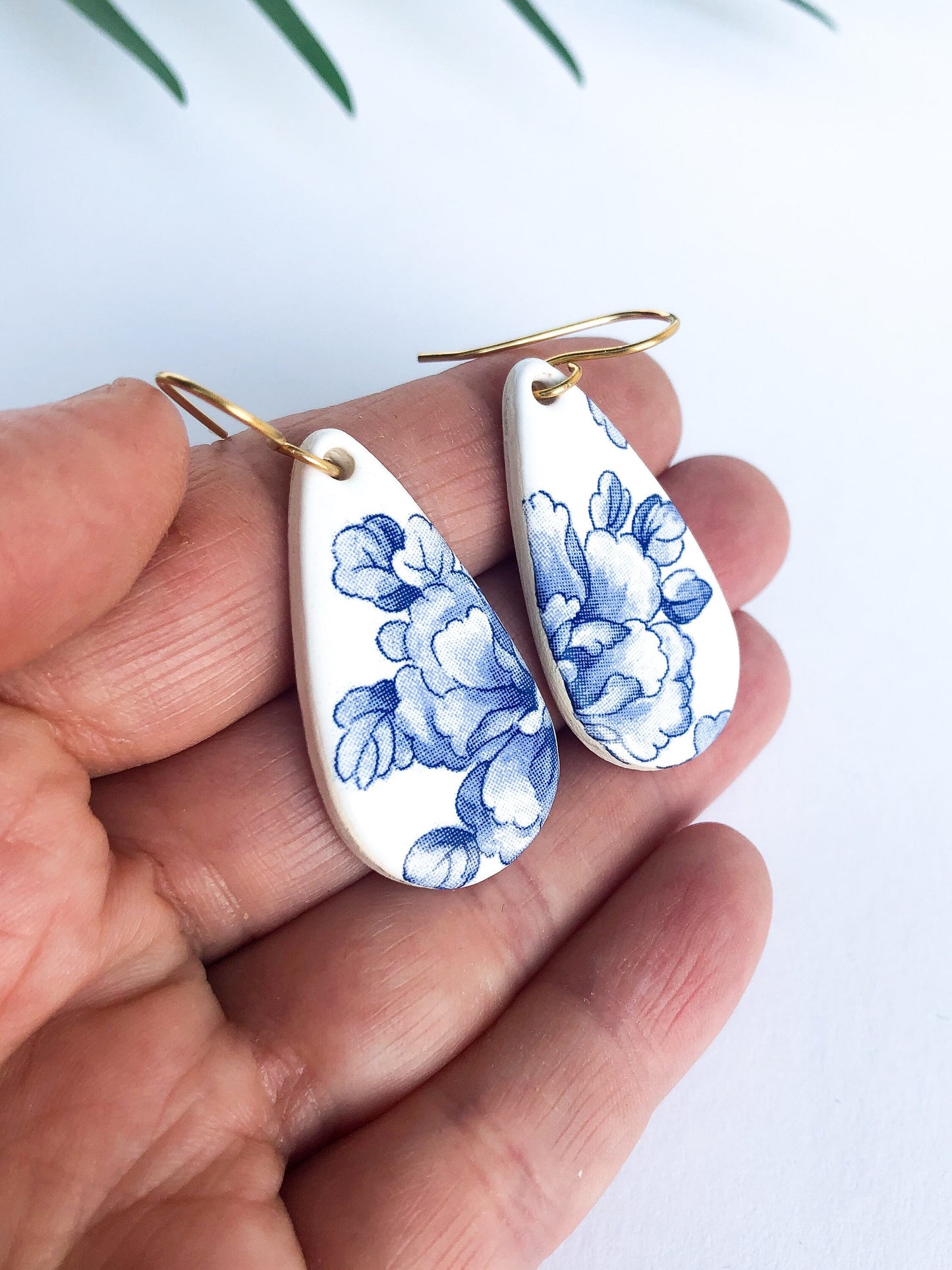 Large Blue China teardrop dangles on gold wire