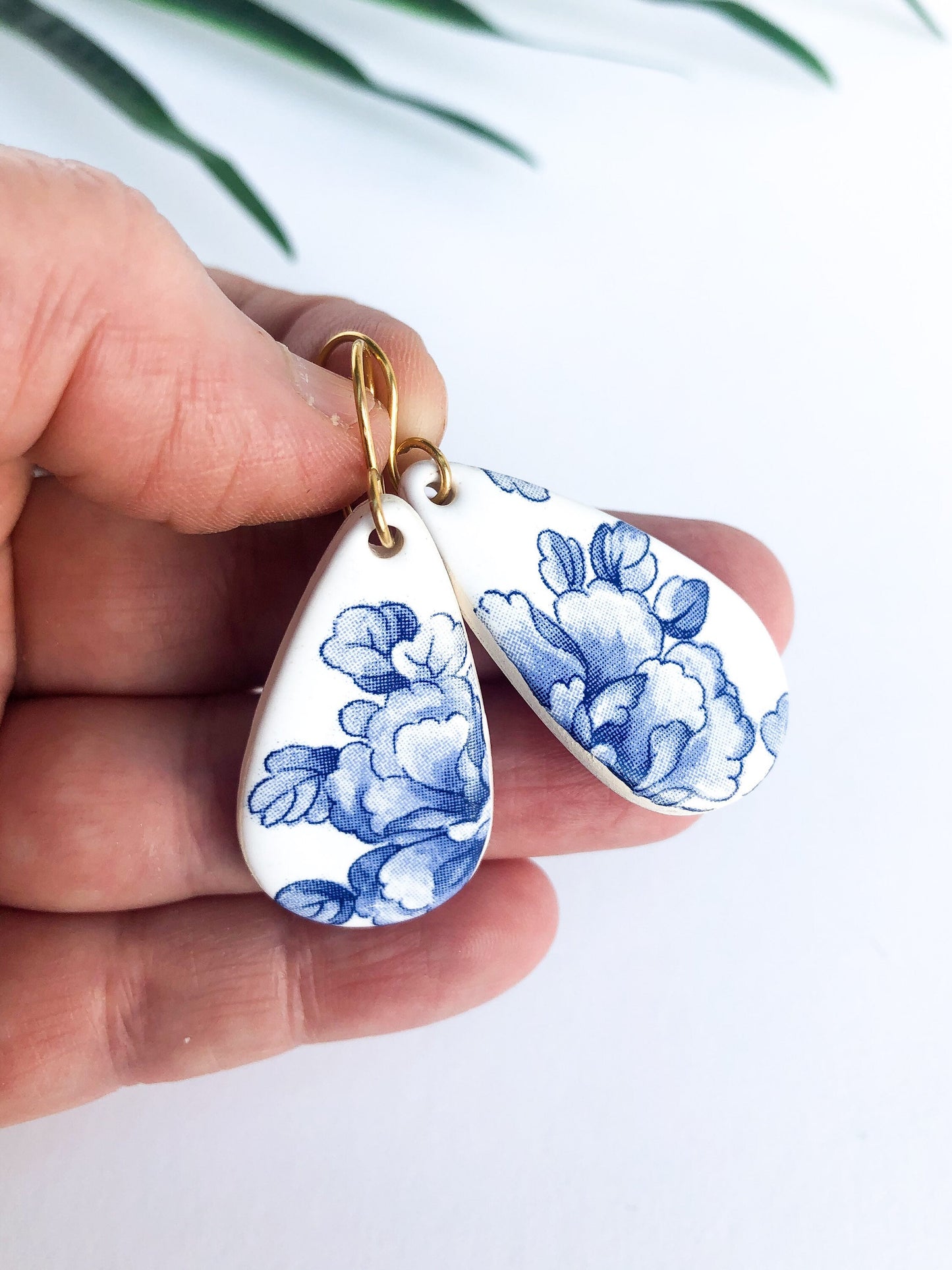 Large Blue China teardrop dangles on gold wire