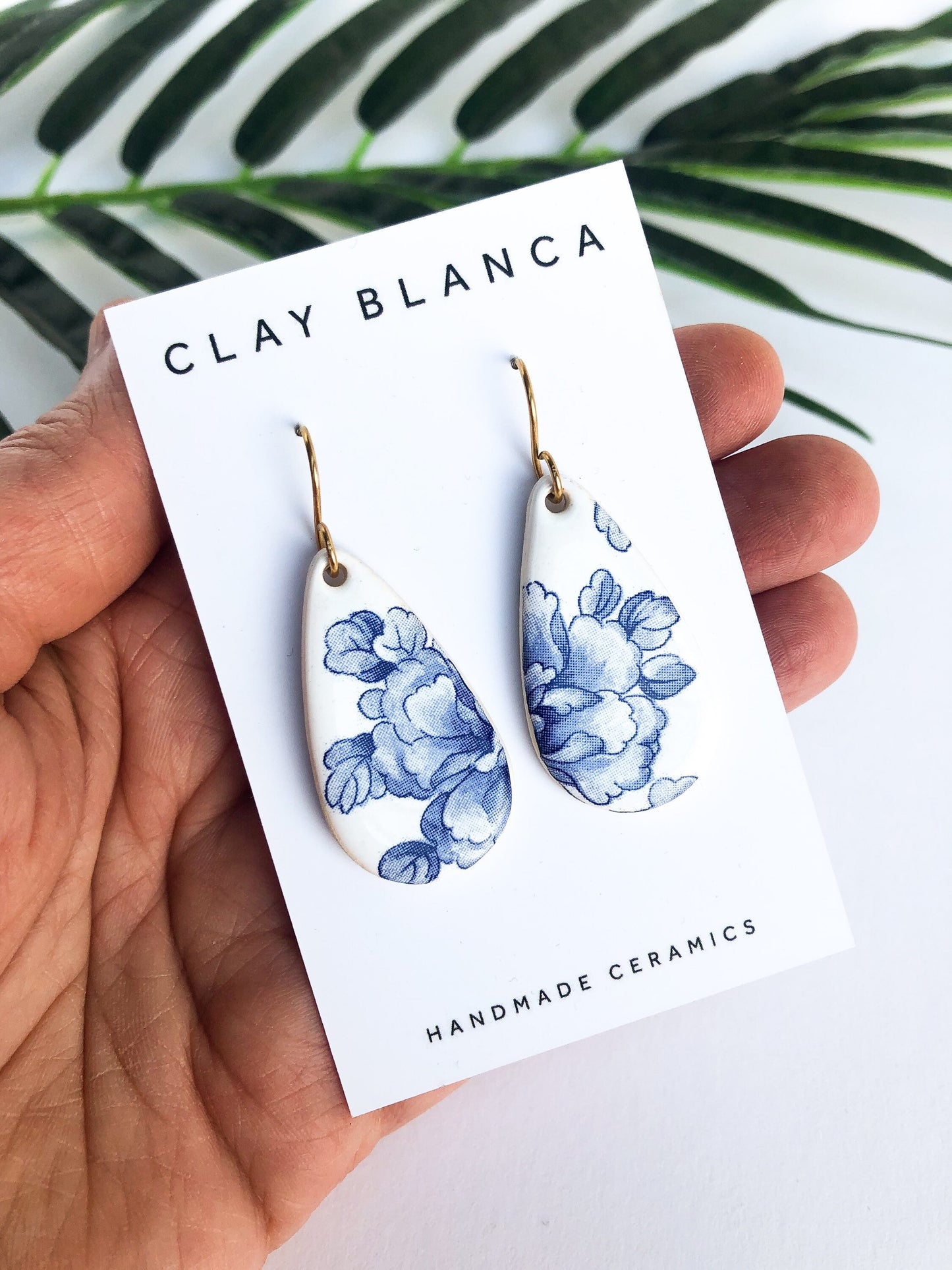 Large Blue China teardrop dangles on gold wire