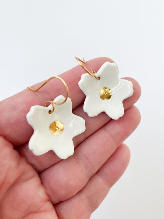 Large white flower dangle earrings