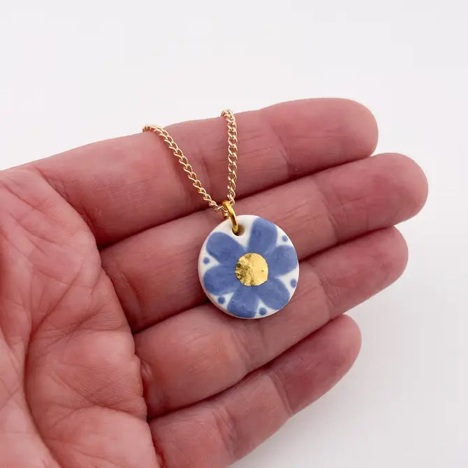 Hand Painted Sky Blue Flower Pendant necklace with gold centre